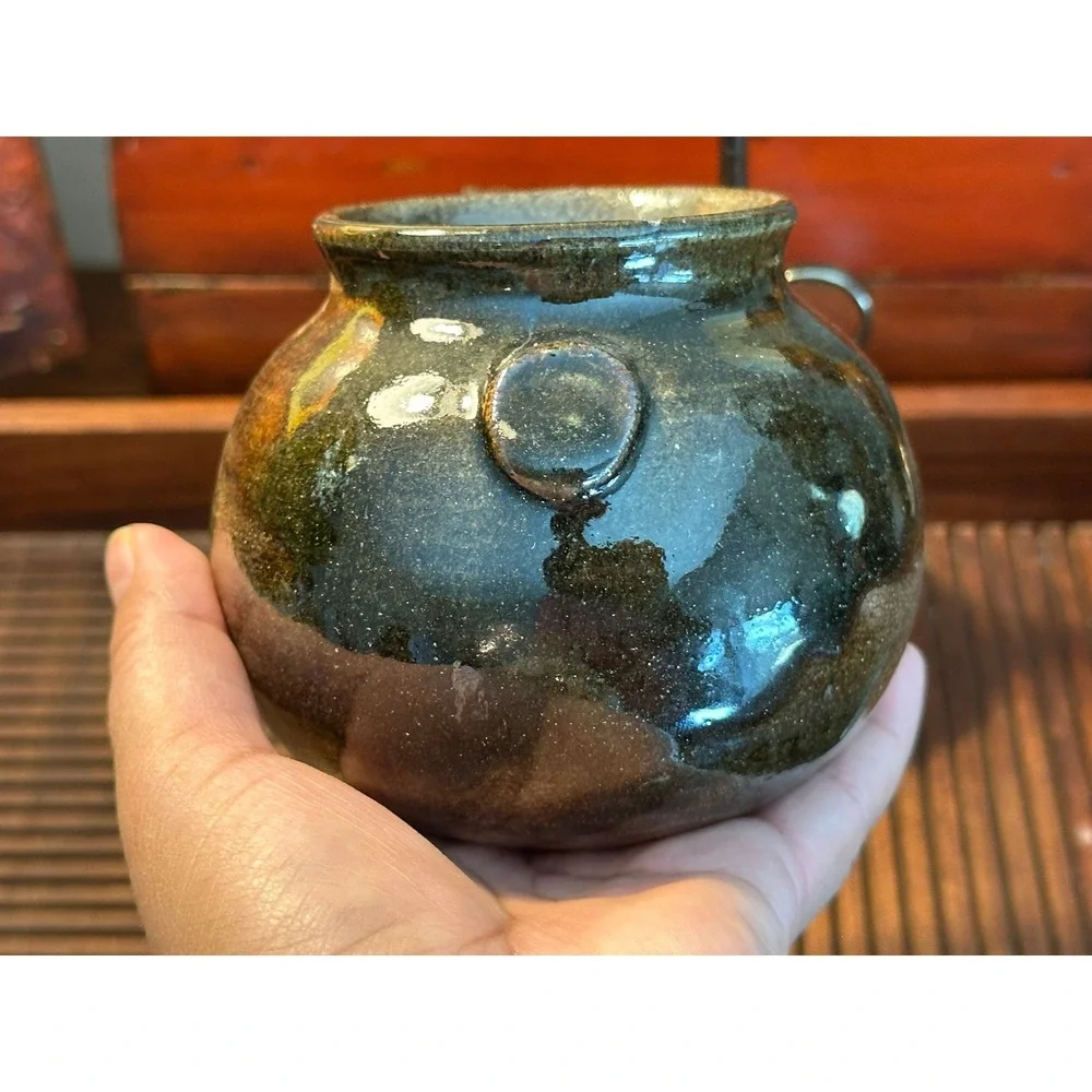 Vintage Artist Signed Stoneware Pot 4x4 Dark Glaze Studio Pottery